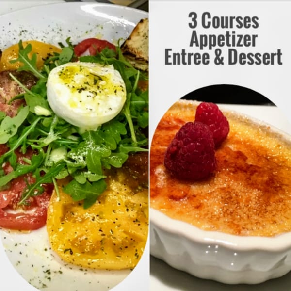 Monticello's three-course meal: a tomato and burrata salad, and a crème brûlée with raspberries.