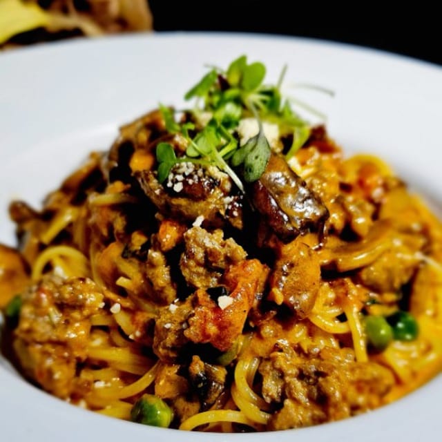 Spaghettini Amatriciana with Sausage.