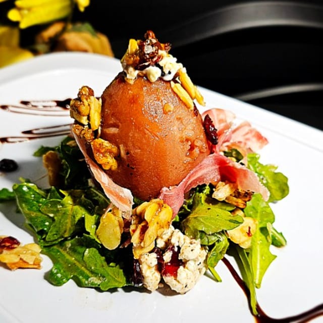 Organic Wine Poach Pear with Prosciutto & Goat Cheese.