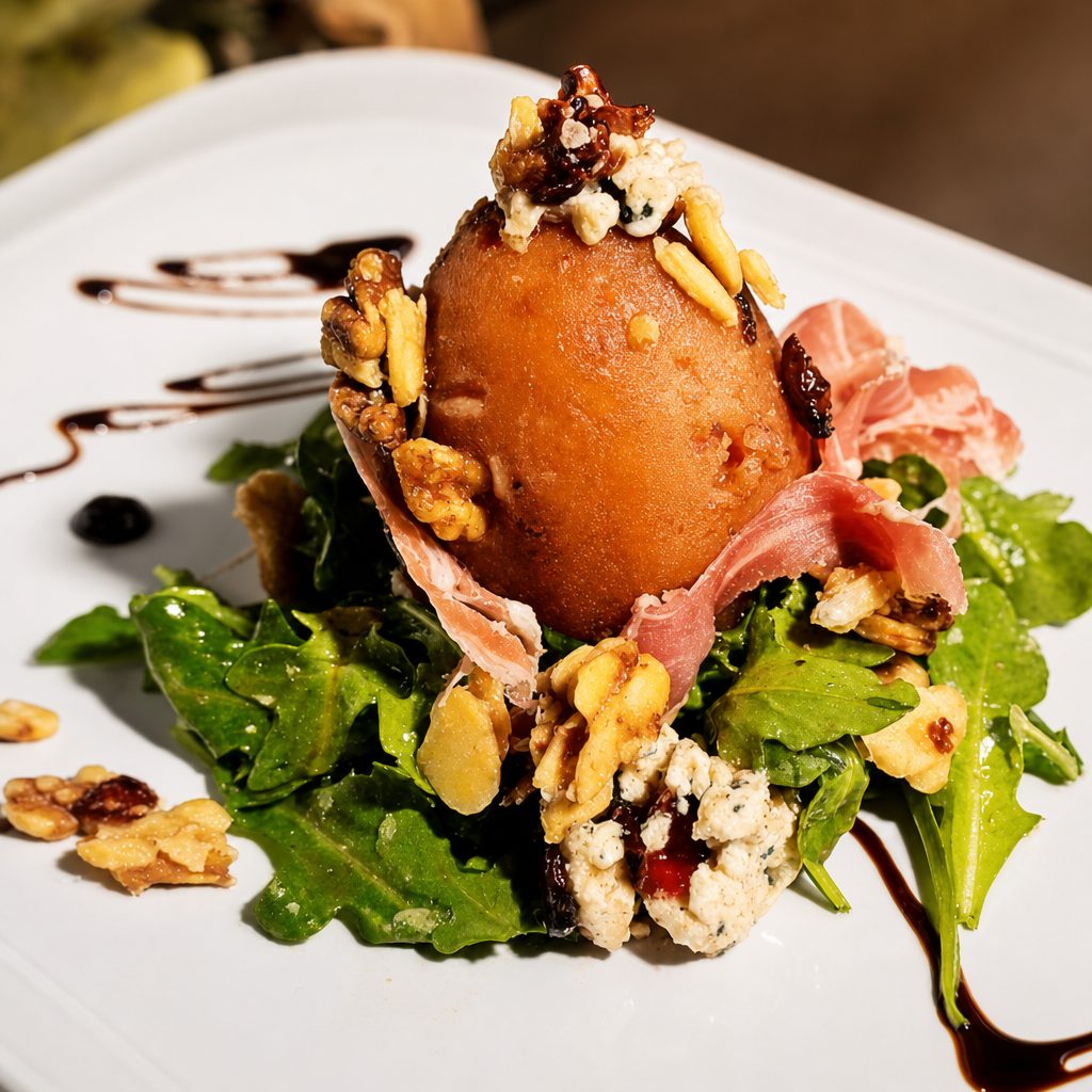 Organic Wine Poach Pear with Prosciutto & Goat Cheese.
