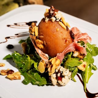 Organic Wine Poach Pear with Prosciutto & Goat Cheese