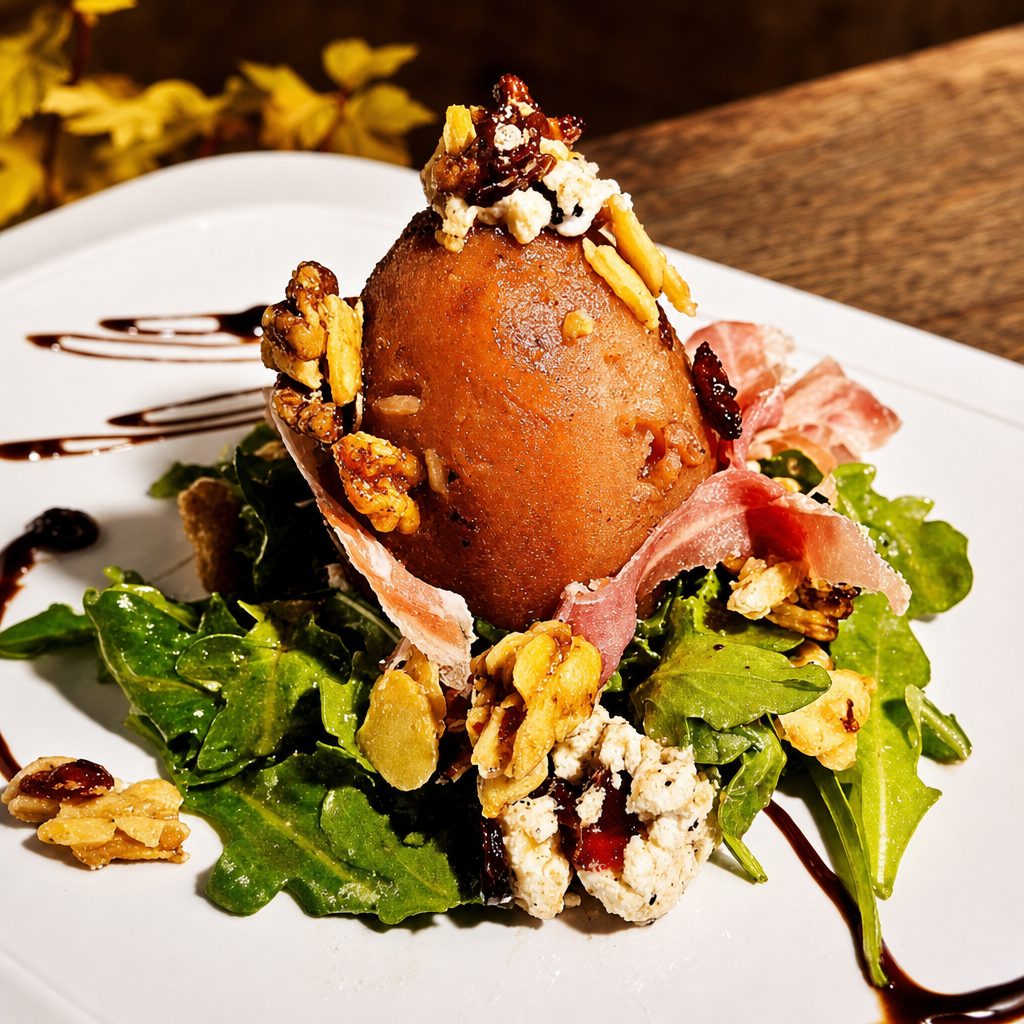 Organic Wine Poach Pear with Prosciutto & Goat Cheese.